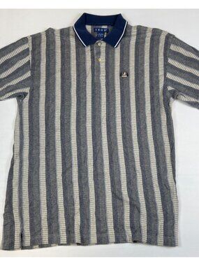 Vintage IZOD Men L Blue White Striped Polo Shirt Crest Logo Short Sleeve Retro